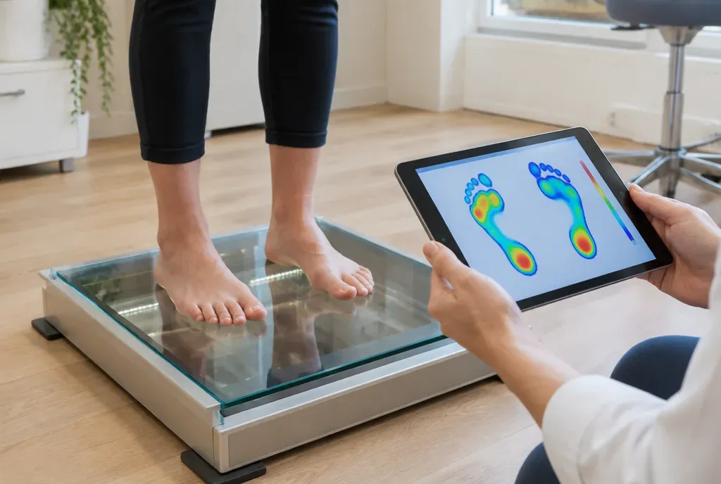Iemand staat met blote voeten op een voetscanner in een podotherapiepraktijk.